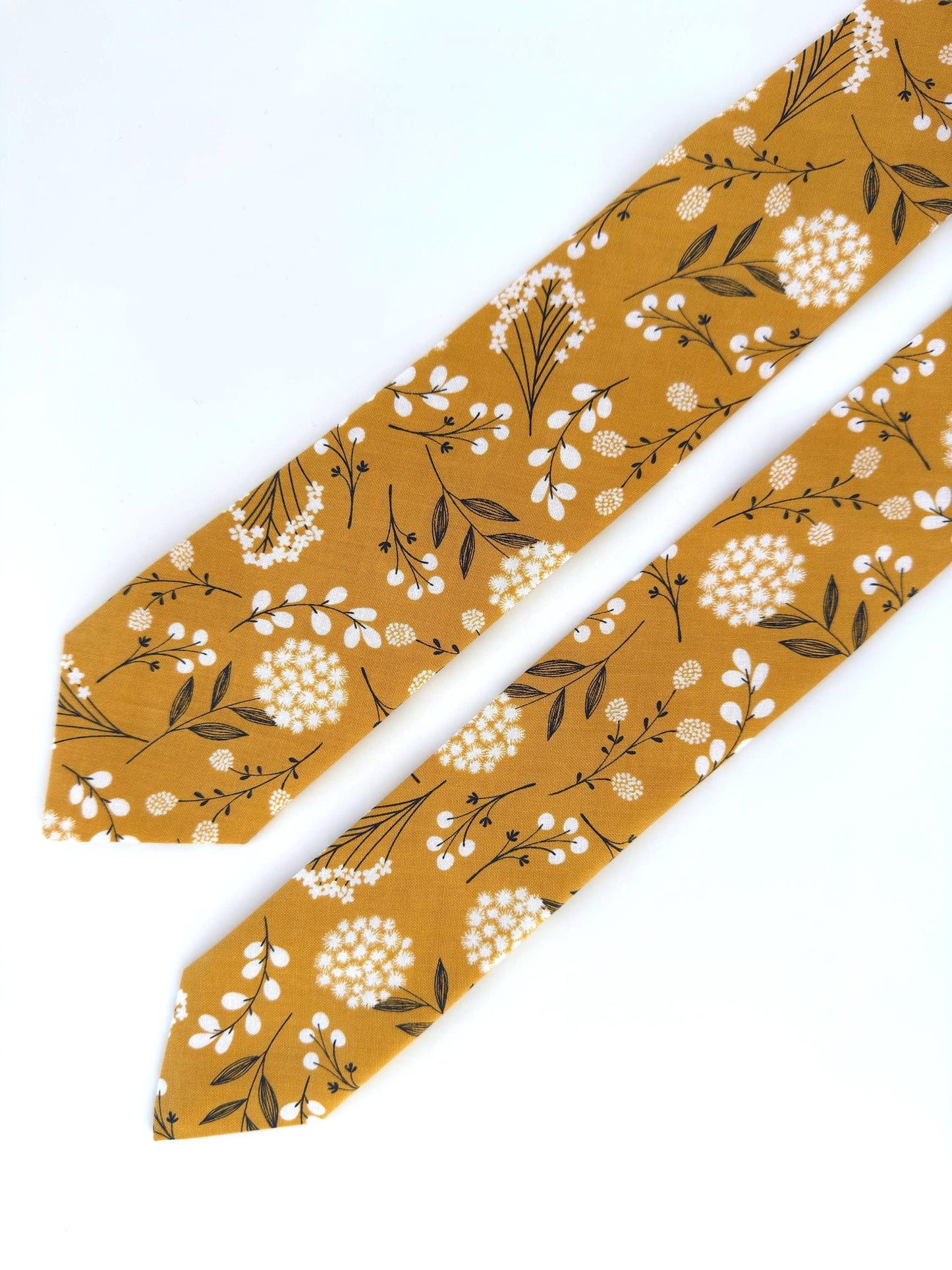 Mustard yellow floral necktie, wedding long tie, groomsmen skinny tie