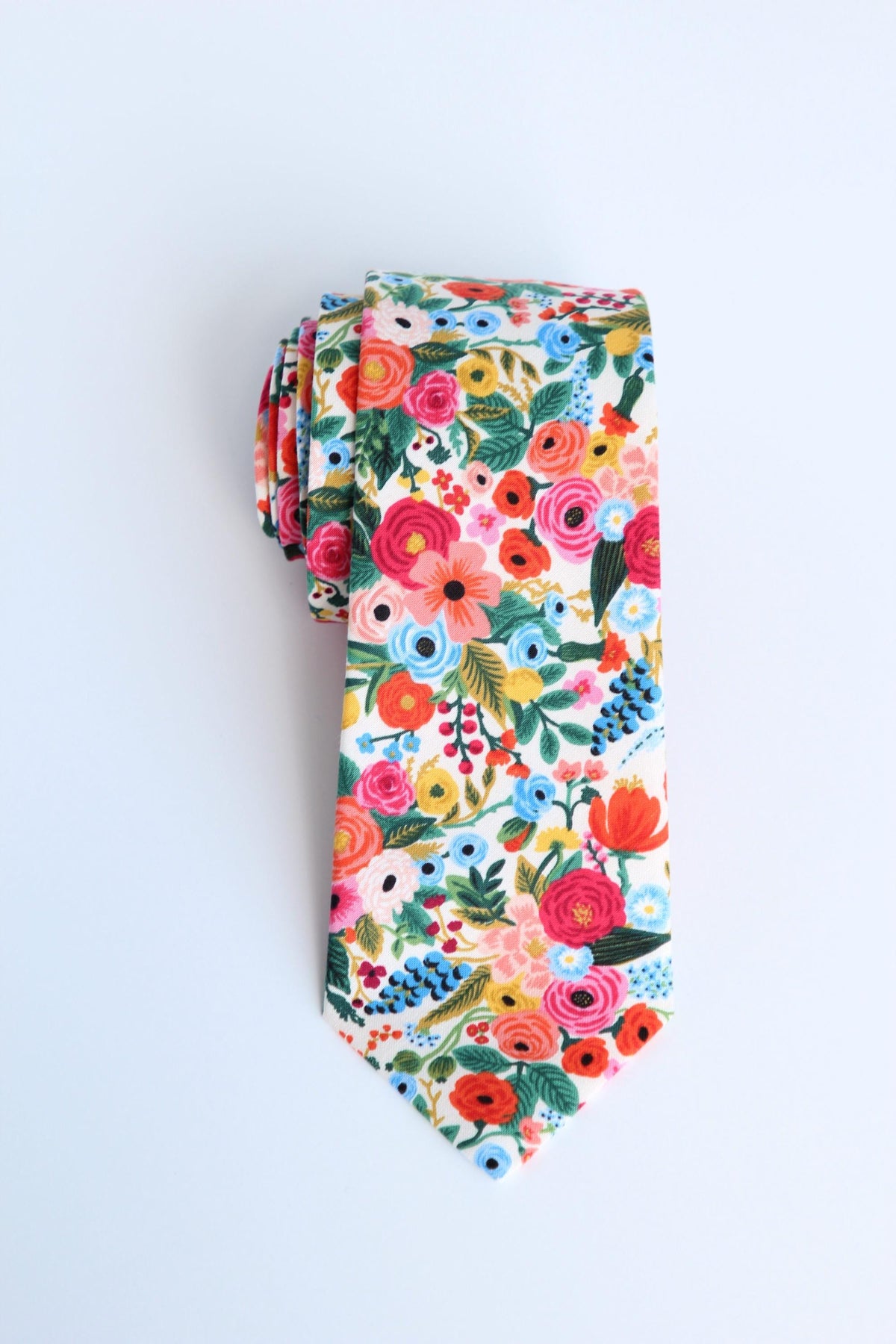 Colorful Floral Necktie, White Botanical Men’s Tie, Wedding Tie for Groom & Groomsmen, Spring Summer Cotton Neck Tie, Gift for Him