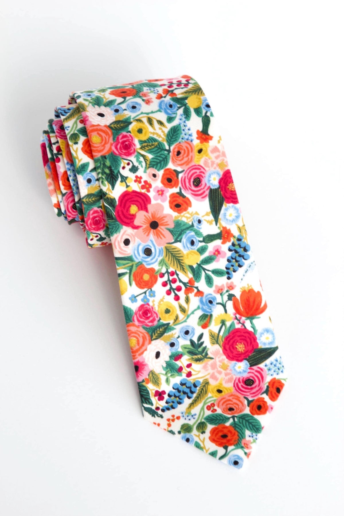 Colorful Floral Necktie, White Botanical Men’s Tie, Wedding Tie for Groom & Groomsmen, Spring Summer Cotton Neck Tie, Gift for Him