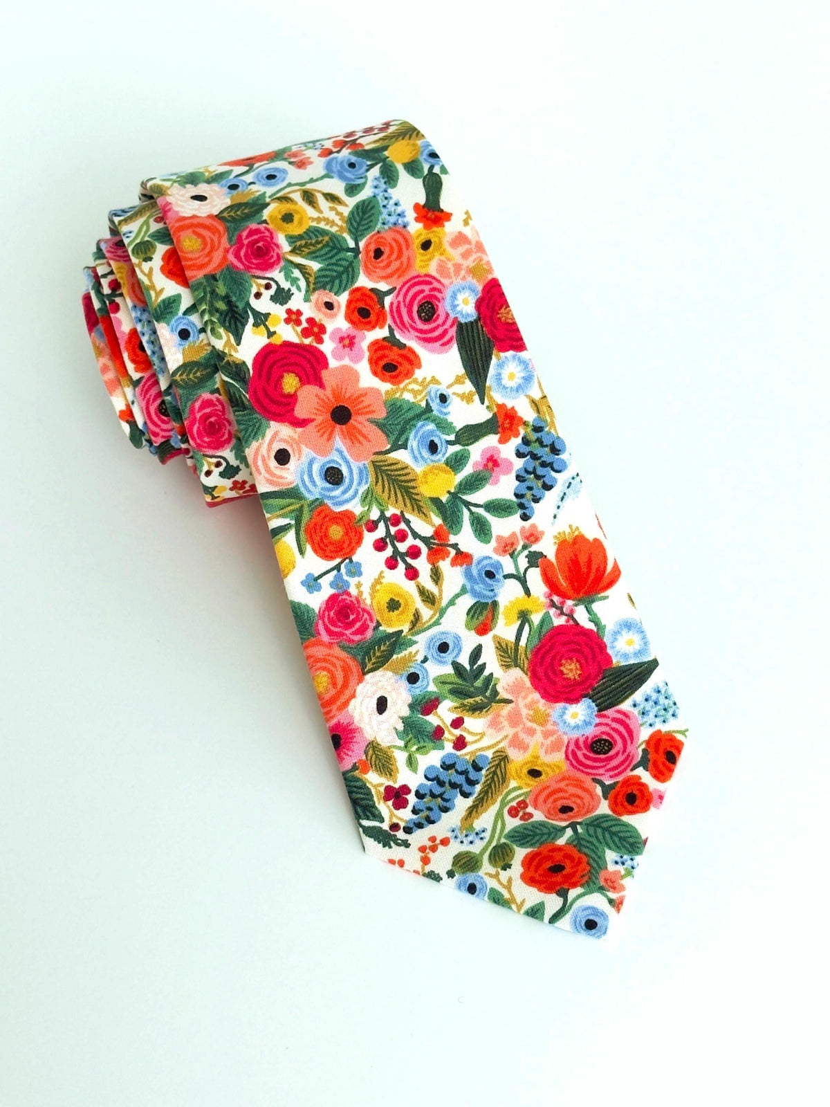 Colorful Floral Necktie, White Botanical Men’s Tie, Wedding Tie for Groom & Groomsmen, Spring Summer Cotton Neck Tie, Gift for Him