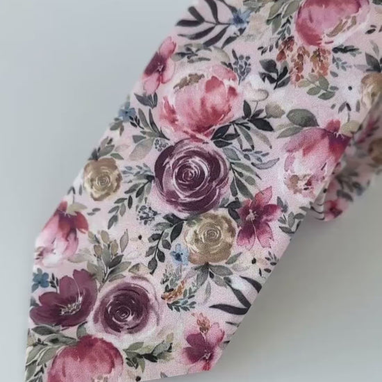 Dusty rose floral necktie for men and boys, blush pink floral bow tie