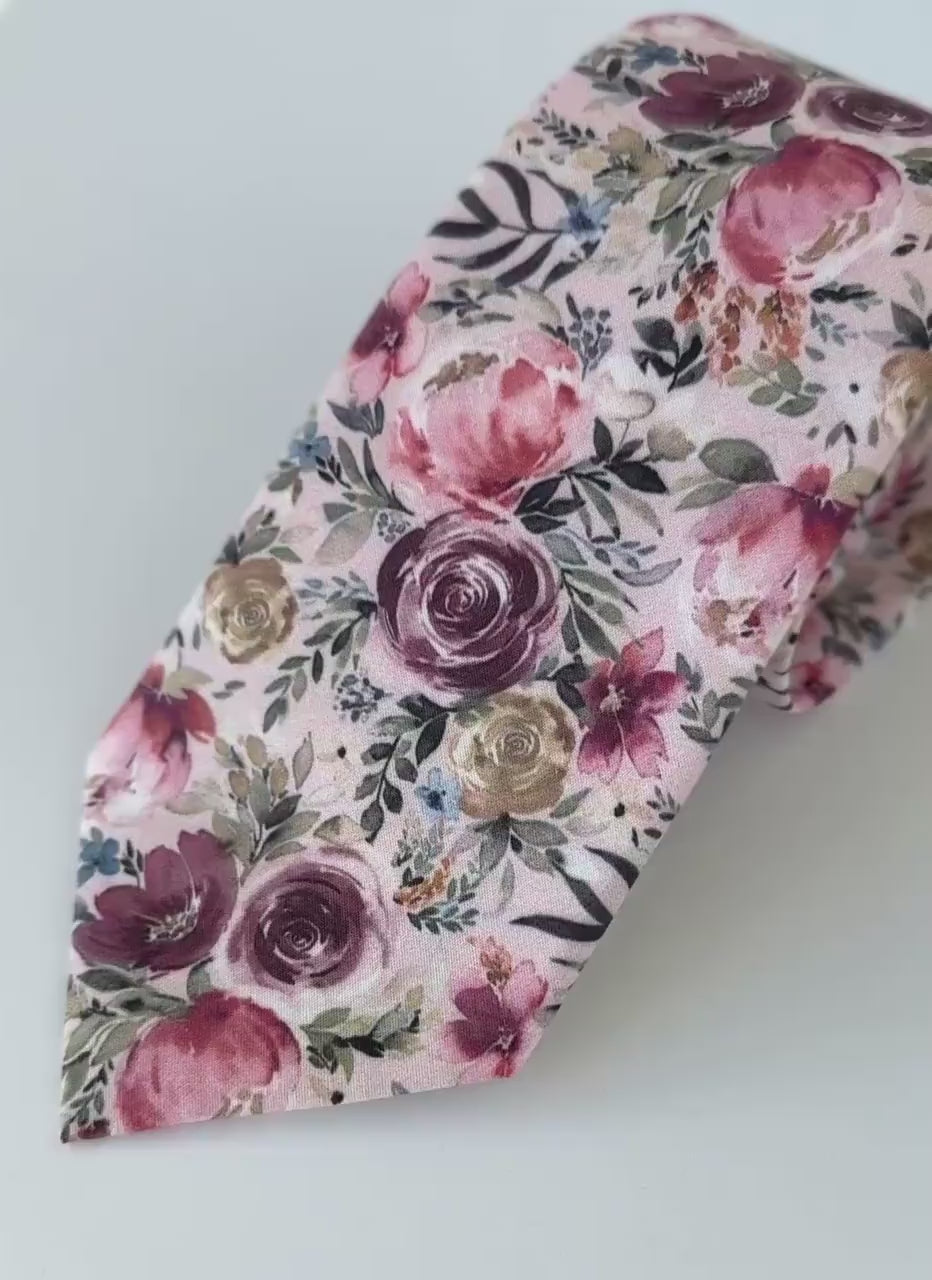 Dusty rose floral necktie for men and boys, blush pink floral bow tie
