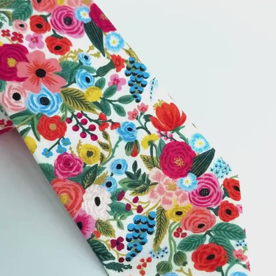 Colorful Floral Necktie, White Botanical Men’s Tie, Wedding Tie for Groom & Groomsmen, Spring Summer Cotton Neck Tie, Gift for Him