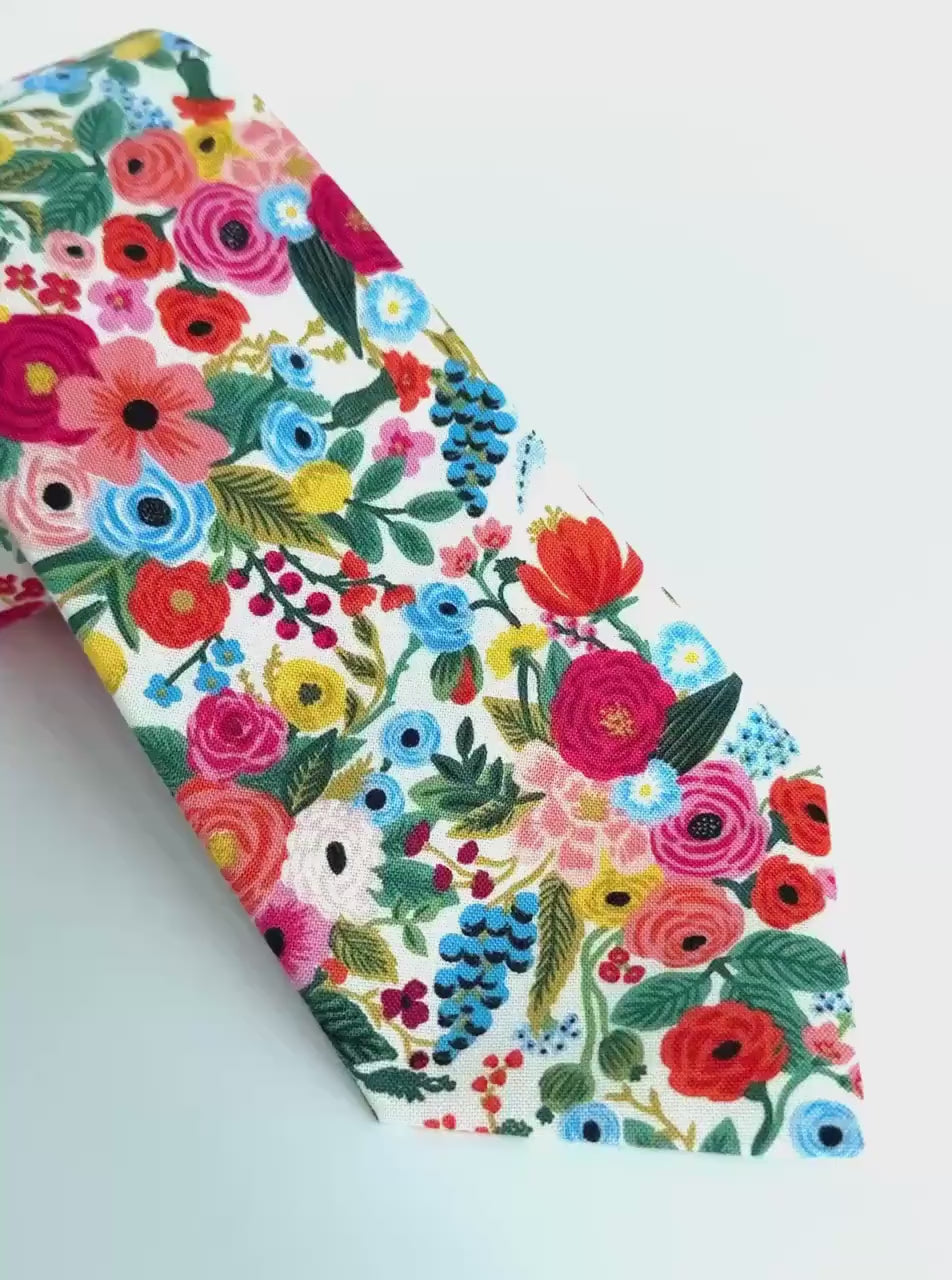 Colorful Floral Necktie, White Botanical Men’s Tie, Wedding Tie for Groom & Groomsmen, Spring Summer Cotton Neck Tie, Gift for Him