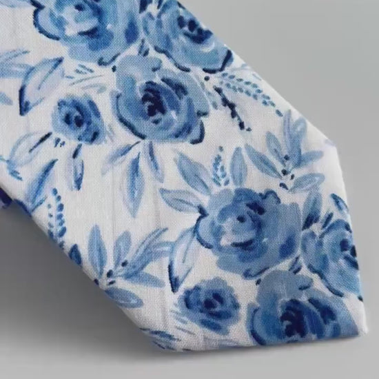 White Blue Floral necktie, skinny tie for men, wedding grooms floral long tie, blue flowers necktie, groomsmen necktie, bow tie