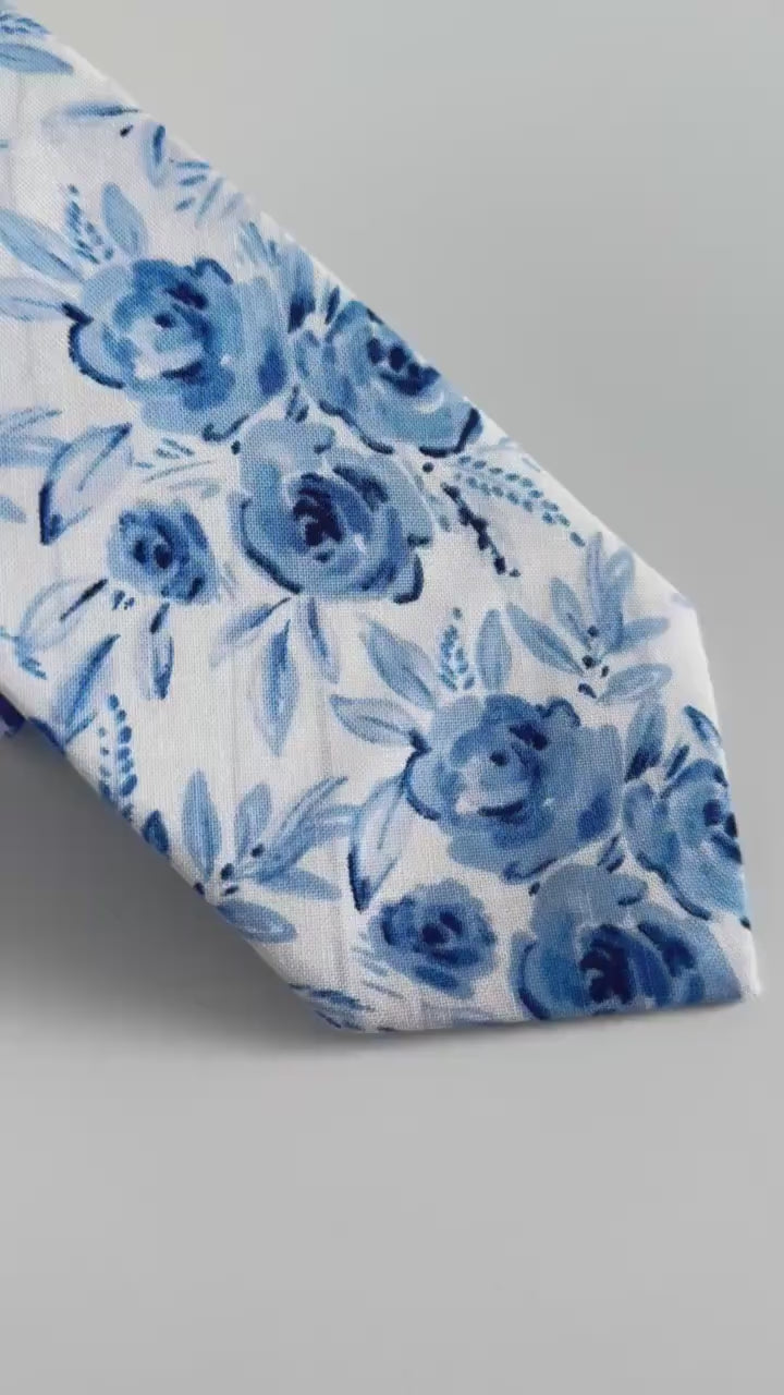 White Blue Floral necktie, skinny tie for men, wedding grooms floral long tie, blue flowers necktie, groomsmen necktie, bow tie