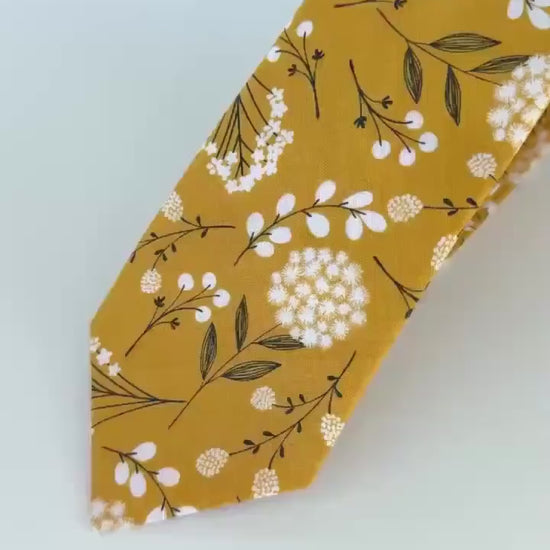 Mustard yellow floral necktie, wedding long tie, groomsmen skinny tie