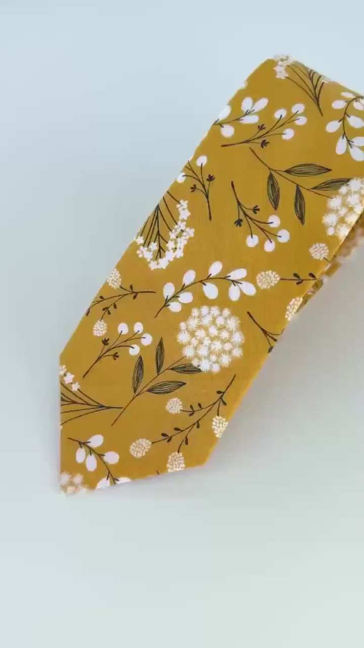 Mustard yellow floral necktie, wedding long tie, groomsmen skinny tie