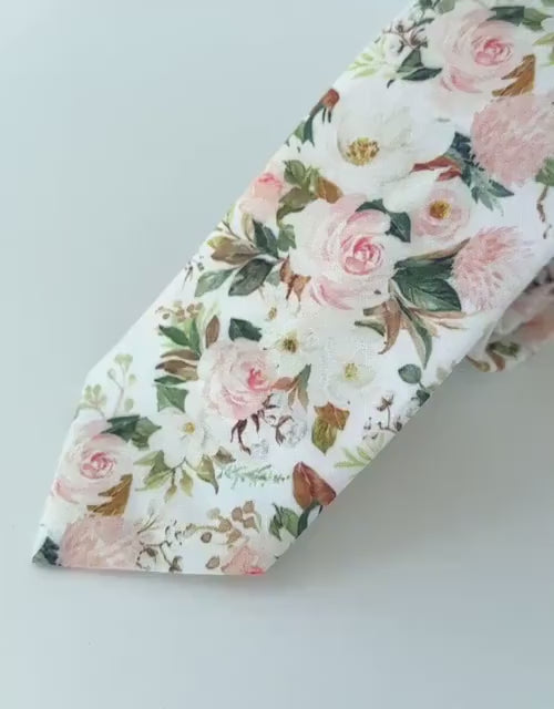 Blush floral men’s necktie, wedding floral tie, blush and green skinny tie