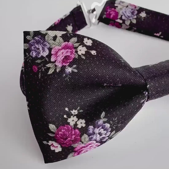 Black floral bow tie, pocket square, black and rose floral bow tie for men and boys