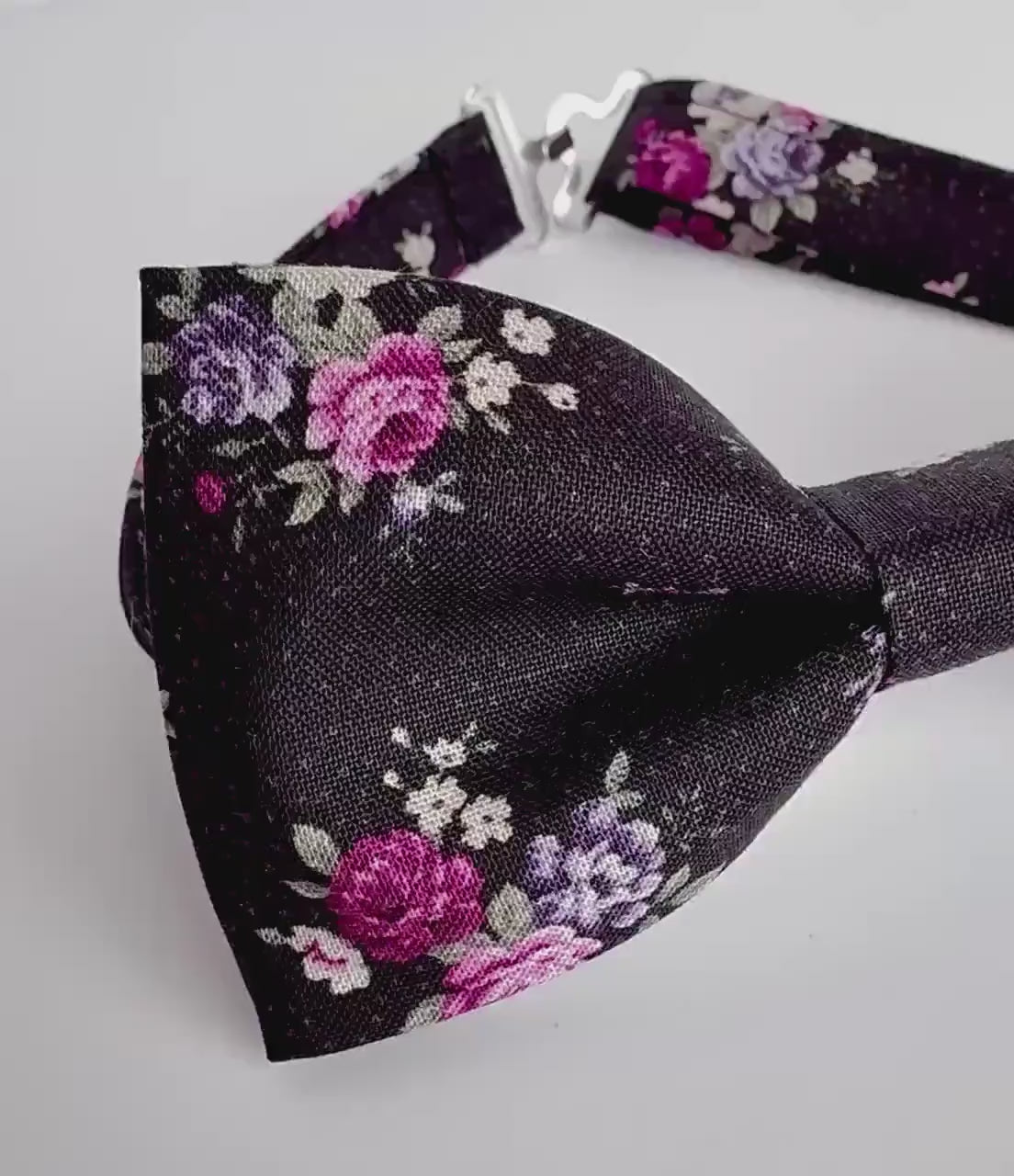 Black floral bow tie, pocket square, black and rose floral bow tie for men and boys