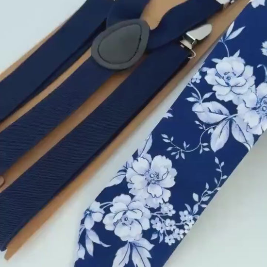 Navy Floral Skinny Tie and Suspenders Set, Cotton Wedding Neckwear