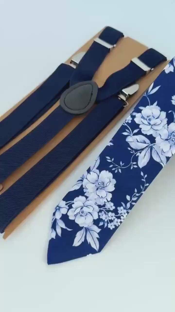 Navy Floral Skinny Tie and Suspenders Set, Cotton Wedding Neckwear