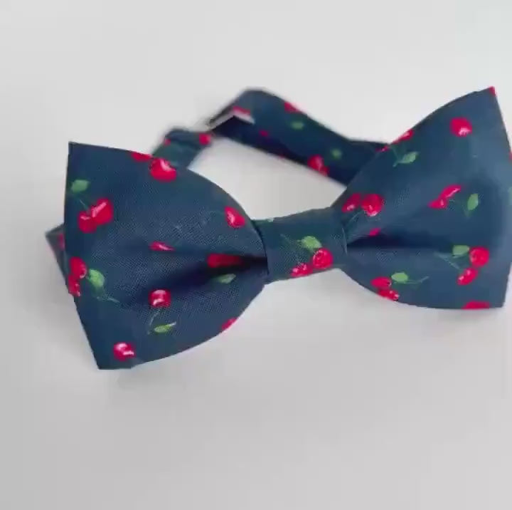 Navy blue with cherries bow tie for men and boys, cherry bow tie, gift for him, navy suspenders, fruit bow tie, kids bow tie, novelty bowtie