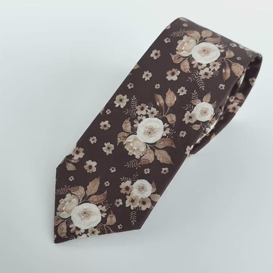 Brown tan floral necktie, bow tie, pocket square, brown skinny tie, boho rustic wedding, grooms tie, groomsmen floral ties