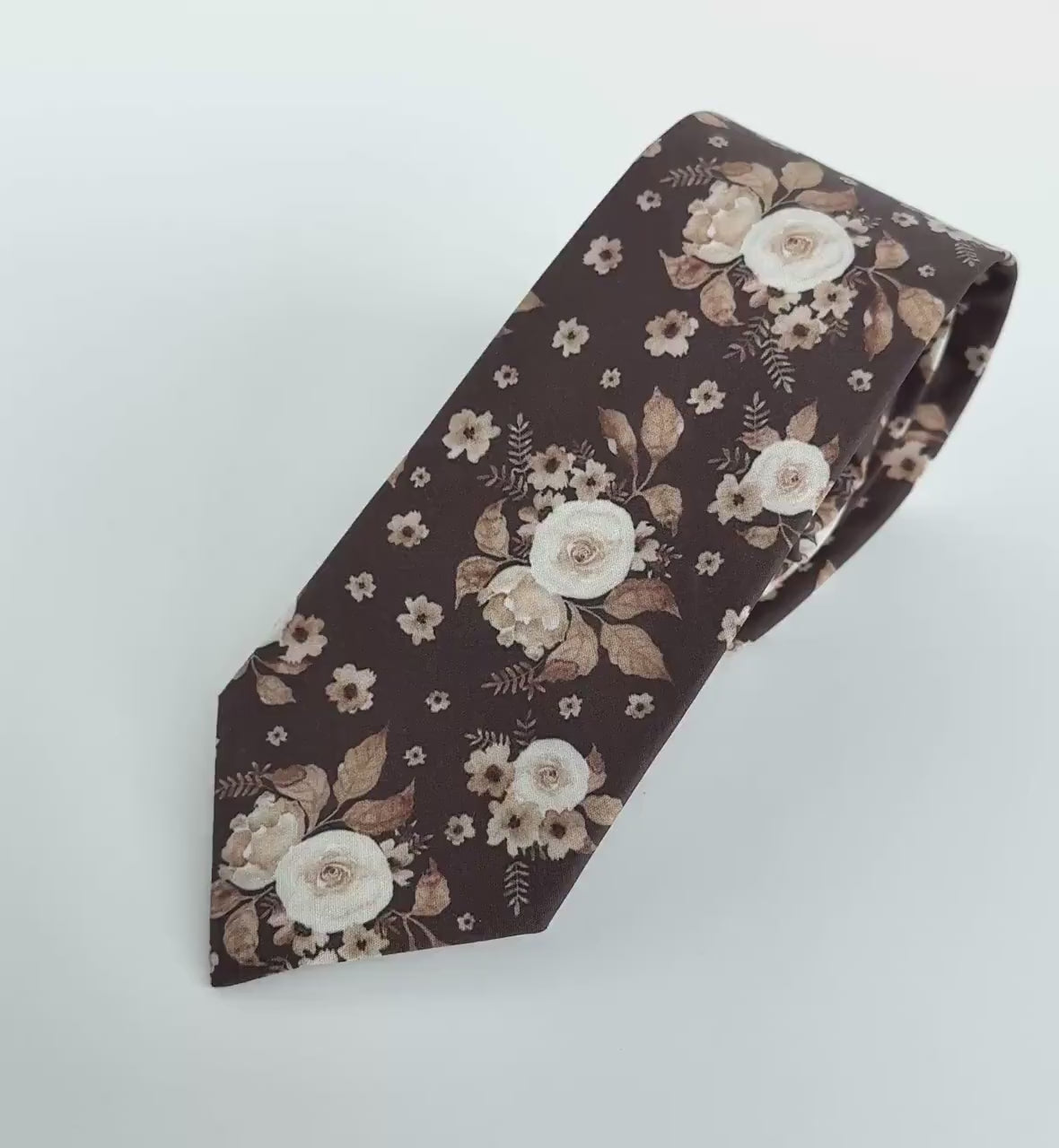 Brown tan floral necktie, bow tie, pocket square, brown skinny tie, boho rustic wedding, grooms tie, groomsmen floral ties
