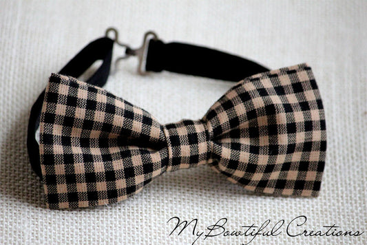 Black and beige plaid bow tie, mens plaid bow tie, boys plaid bow tie, wedding bow tie, groomsmen bow tie, checkered bow tie