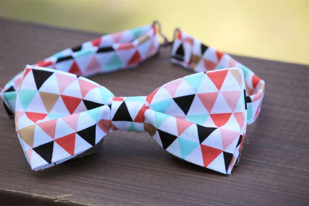 Triangles bow tie, Geometric bow tie, boys bow tie, mens bow tie, coral mint gold bow tie