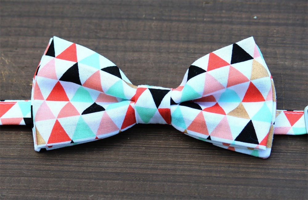 Triangles bow tie, Geometric bow tie, boys bow tie, mens bow tie, coral mint gold bow tie