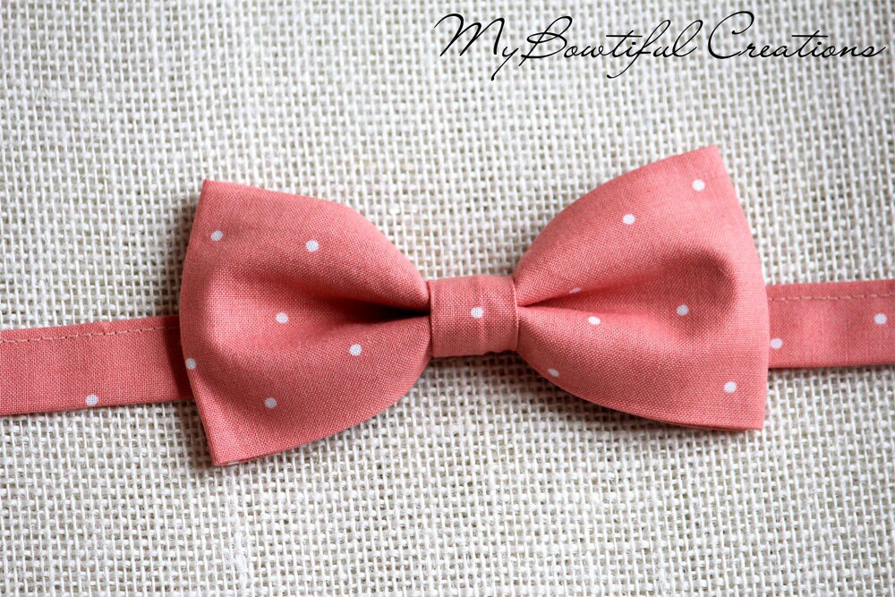 Peach coral bow tie, Peach Coral polka dot men bow tie, pre-tied bow tie, dark peach bow tie,coral wedding bow tie, peach ring bearer bowtie