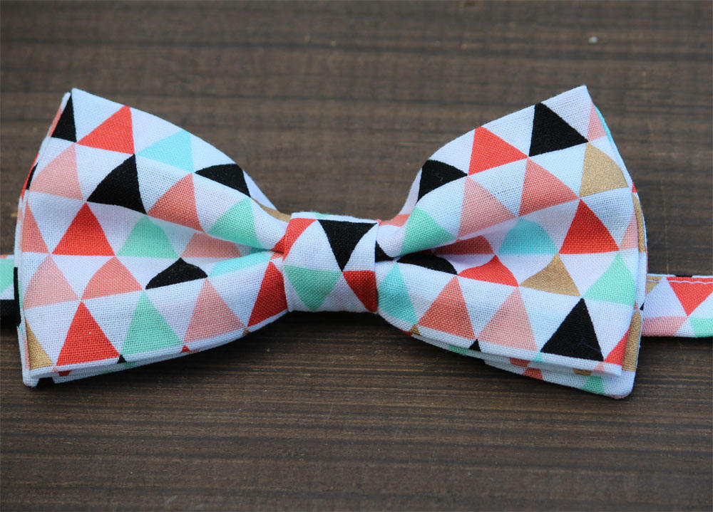 Triangles bow tie, Geometric bow tie, boys bow tie, mens bow tie, coral mint gold bow tie