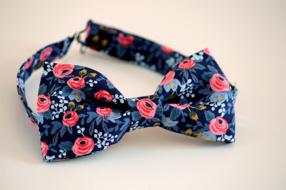 Blue floral bow tie, blue and coral bow tie, wedding bow tie, men's bow tie, groom bow tie, groomsmen bow tie, ringbearer bow tie, boy's tie