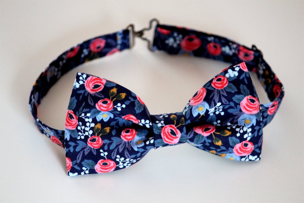 Blue floral bow tie, blue and coral bow tie, wedding bow tie, men's bow tie, groom bow tie, groomsmen bow tie, ringbearer bow tie, boy's tie