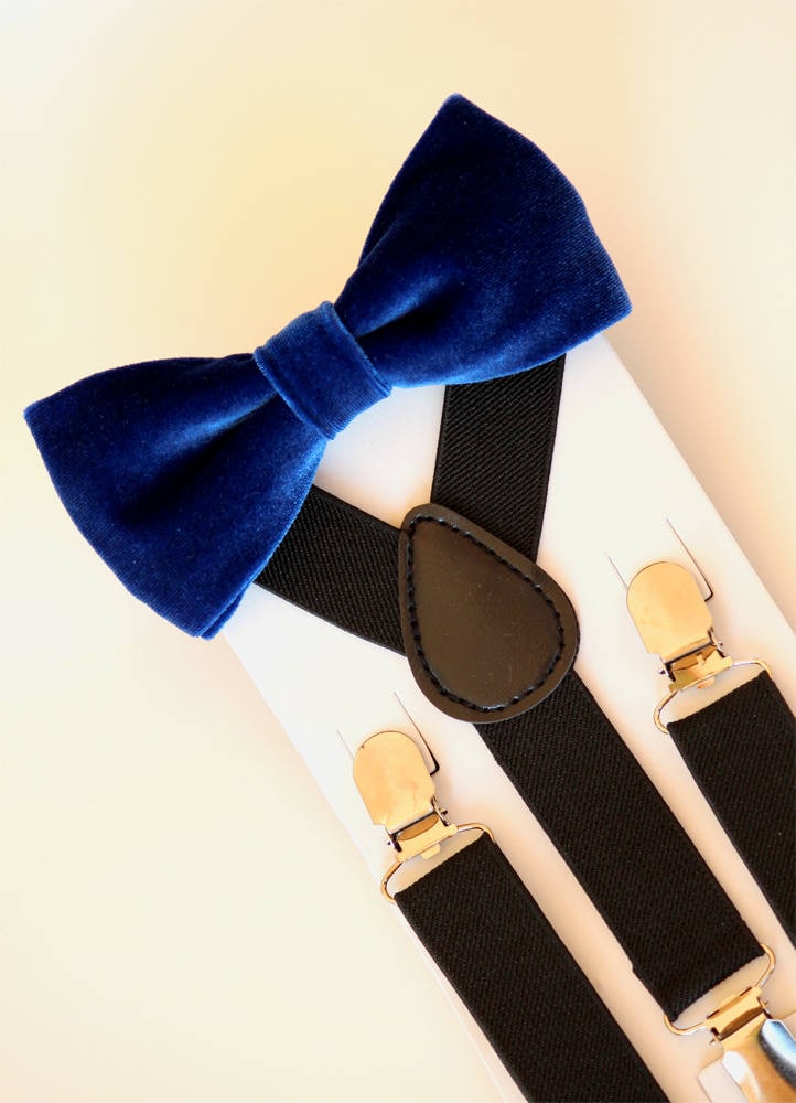 Boy's bow tie and suspenders, royal blue velvet bowtie, Christmas bow tie, Christmas outfit, toddler suspenders, kid's black suspenders