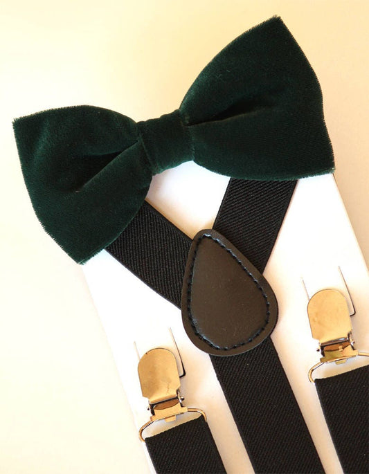 Bow tie and suspenders set for men, boys, Christmas bow tie and suspenders, green velvet bow tie, boy's bow tie, kid's suspenders, toddler