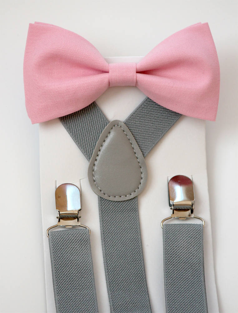 Bow Tie & Suspenders SET, pink bow tie, gray suspenders, kid's suspenders, boy's bow tie and suspenders, toddler suspenders, wedding outfit