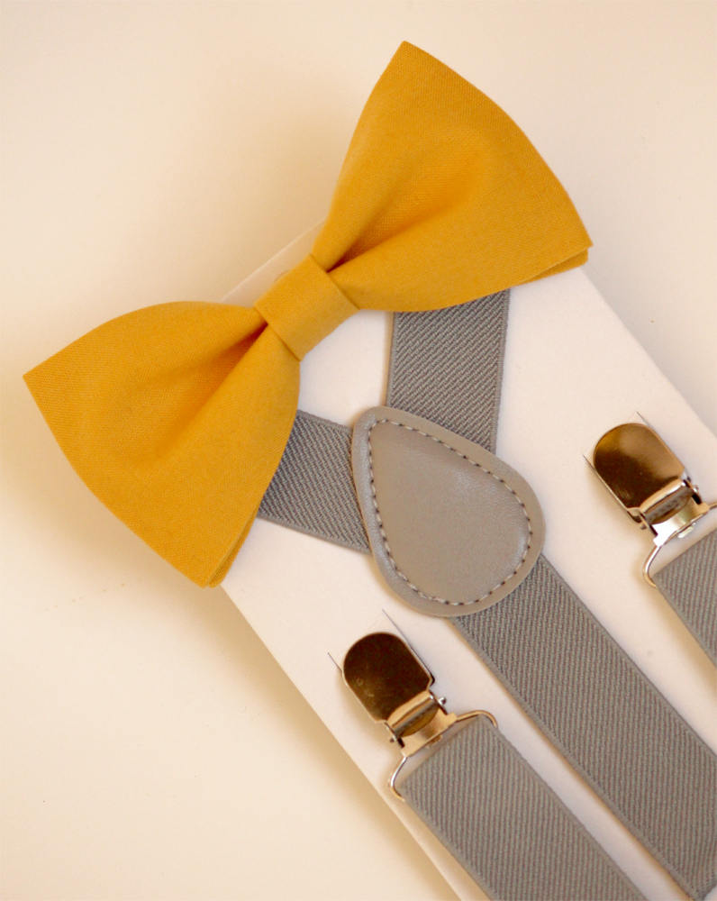 Bow Tie & Suspenders SET, mustard yellow bow tie, gray boy's suspenders, kid's suspenders, wedding outfit, ringboy outfit, ringbearer bowtie