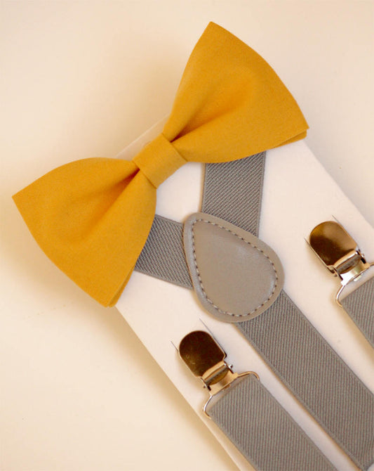 Bow Tie & Suspenders SET, mustard yellow bow tie, gray boy's suspenders, kid's suspenders, wedding outfit, ringboy outfit, ringbearer bowtie