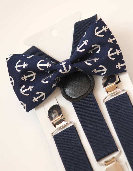 Bow Tie & Suspenders SET, navy suspenders for boys, mens nautical anchors bow tie, toddler outfit, kid's suspenders