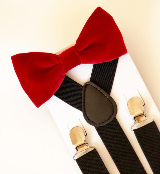 Red bow tie and black suspenders set, Christmas bowtie and suspenders, red velvet boy's bow tie, toddler suspenders, kid's suspenders