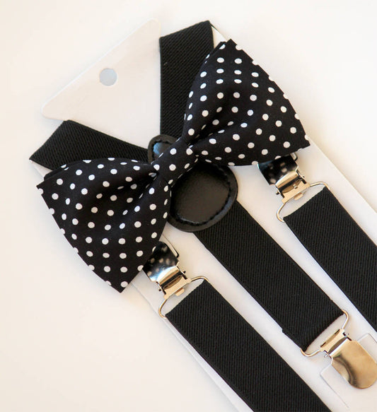 Bow Tie and Suspenders for boys, men, polka dot bowtie, suspenders for toddler, kid's mens suspenders, gift for boy, black and white bow tie