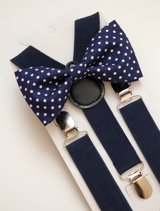 Navy bow tie and suspenders, boy's navy suspenders and bow tie, navy white polka dot bow tie, toddler suspenders, wedding boy outfit