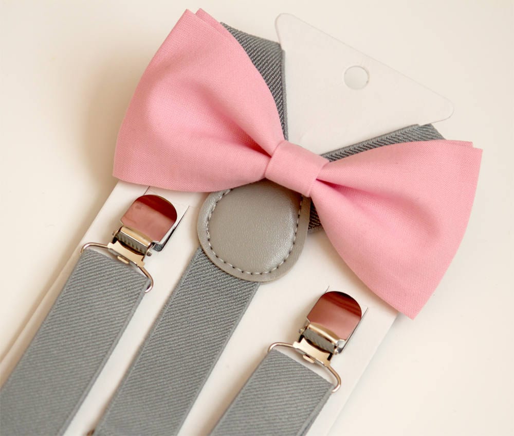 Bow Tie & Suspenders SET, pink bow tie, gray suspenders, kid's suspenders, boy's bow tie and suspenders, toddler suspenders, wedding outfit