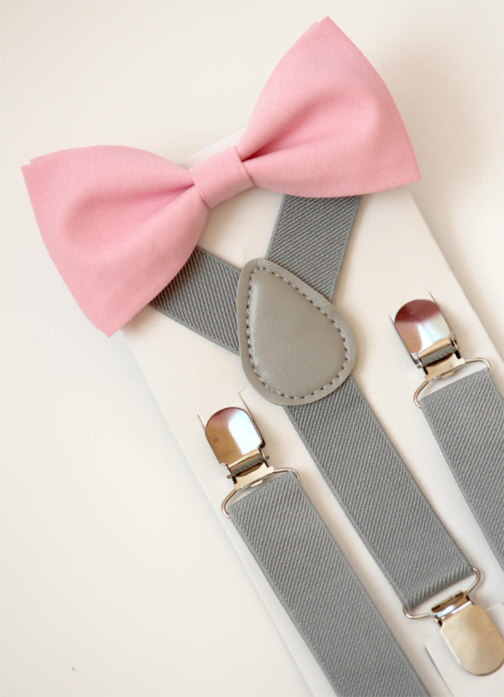 Bow Tie & Suspenders SET, pink bow tie, gray suspenders, kid's suspenders, boy's bow tie and suspenders, toddler suspenders, wedding outfit