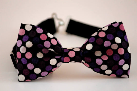 Black purple mauve dots bow tie, boy's bow tie, men's bow tie, kids pre-tied bow tie, wedding bow tie, confetti dotted bow tie, pink bow tie