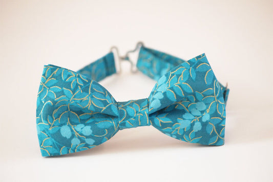 Blue floral bow tie, wedding mens bowtie, turquoise bow tie, boy's bow tie, groomsmen bow tie, groom bow tie, blue and gold floral bow tie