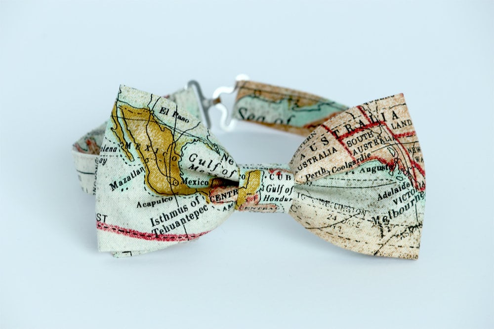 Map bow tie, mens bow tie, world map bowtie, gift for him, gift for traveler, geography bow tie, tan bow tie, globe bow tie, teacher bow tie