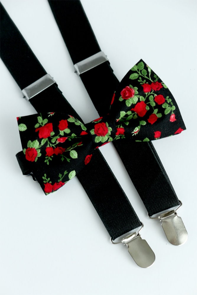 Mens black floral bow tie, red roses bowtie, groomsmen bow tie and pocket square, bowtie and suspenders set, wedding floral bow tie,