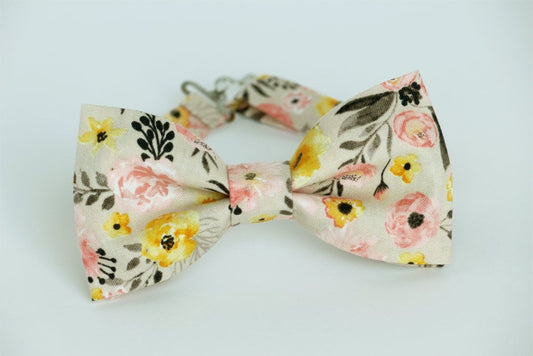 Beige floral bow tie, mens wedding bow tie, beige and yellow bow tie, coral flowers bow tie, grooms bow tie, ring bearer bow tie, boys kids