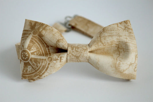 Map bow tie, gift for him, gift for traveler, sand color bow tie, mens bow tie, boys bow tie