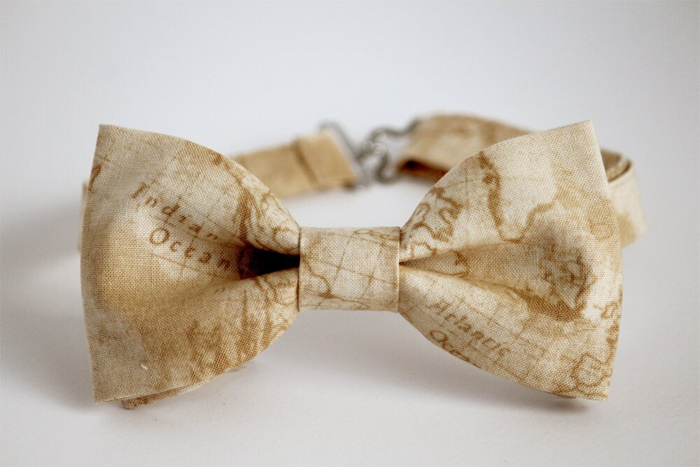 Map bow tie, gift for him, gift for traveler, sand color bow tie, mens bow tie, boys bow tie