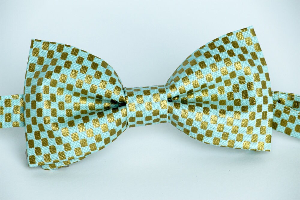 Mint and gold bow tie, wedding bow tie, mint bow tie, squares bowtie, ringboy ringbearer bow tie, groomsmen bow tie, mint and gold metallic