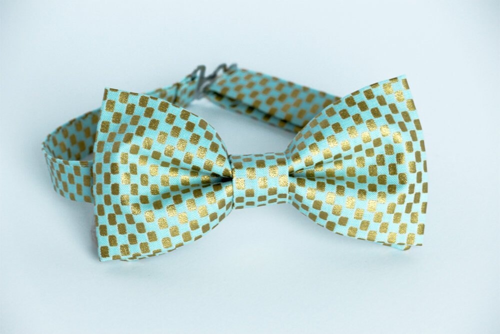 Mint and gold bow tie, wedding bow tie, mint bow tie, squares bowtie, ringboy ringbearer bow tie, groomsmen bow tie, mint and gold metallic