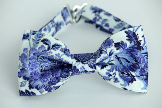 Blue white floral bow tie, mens wedding bow tie, blue bow tie, grooms bow tie, ringboy, ring bearer bow tie, kids bow tie, flower bowtie