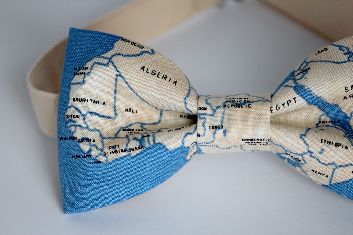 Map bow tie, world map bow tie, blue and tan bow tie, ocean bow tie, mens bow tie, travelers gift, gift for him, boys bow tie, Europe bowtie