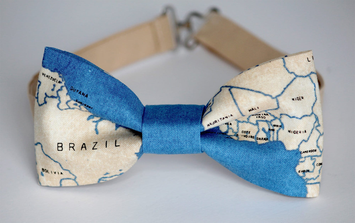 Map bow tie, world map bow tie, blue and tan bow tie, ocean bow tie, mens bow tie, travelers gift, gift for him, boys bow tie, Europe bowtie